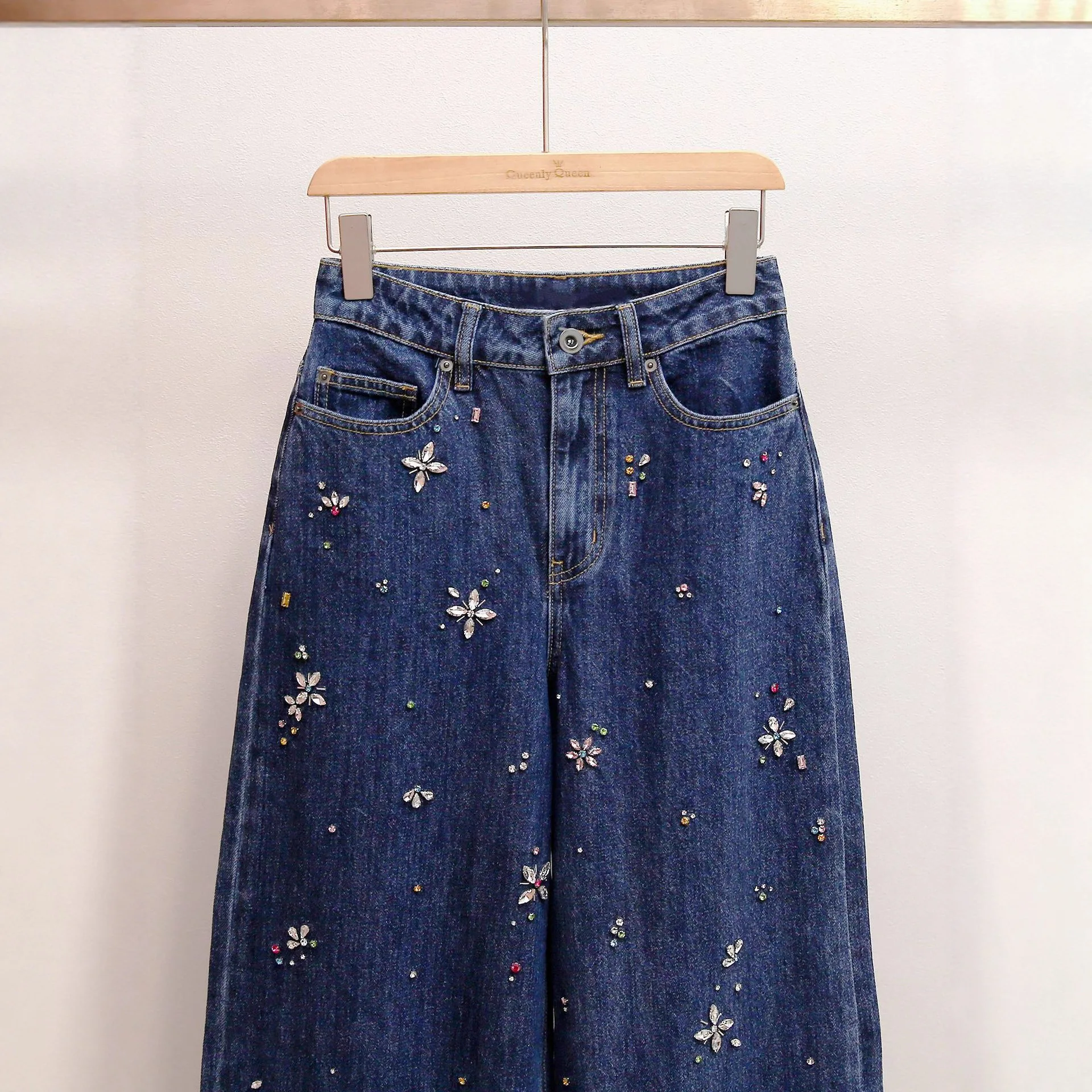 Outono novo estilo casual high-end pesado strass-embelezado a linha de cintura alta lavado azul calças de perna larga para mulher