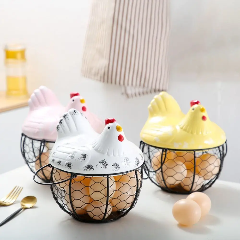 Egg Basket Hen Container Hollow Ceramic Iron Wire Rustic Garlic Storage Box with Cover Decorative Kitchen Accessories