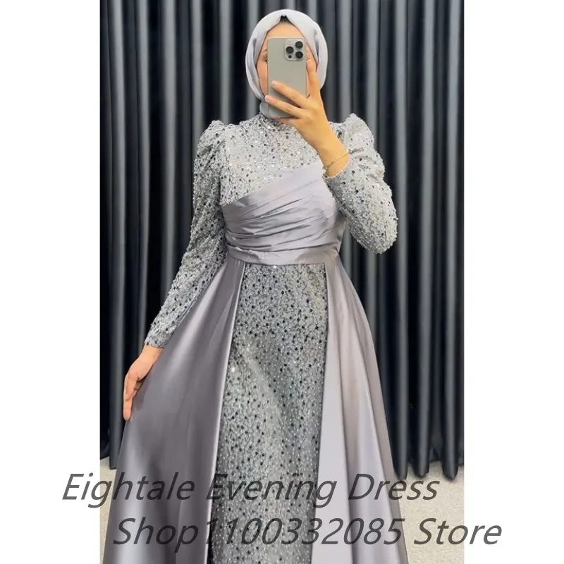 Eightale Gray Muslim Long Sleeve Sequin Evening Dress Abiye Scalf High Neck Dubai Prom Dress Formal Party Gown Vestidos de gala