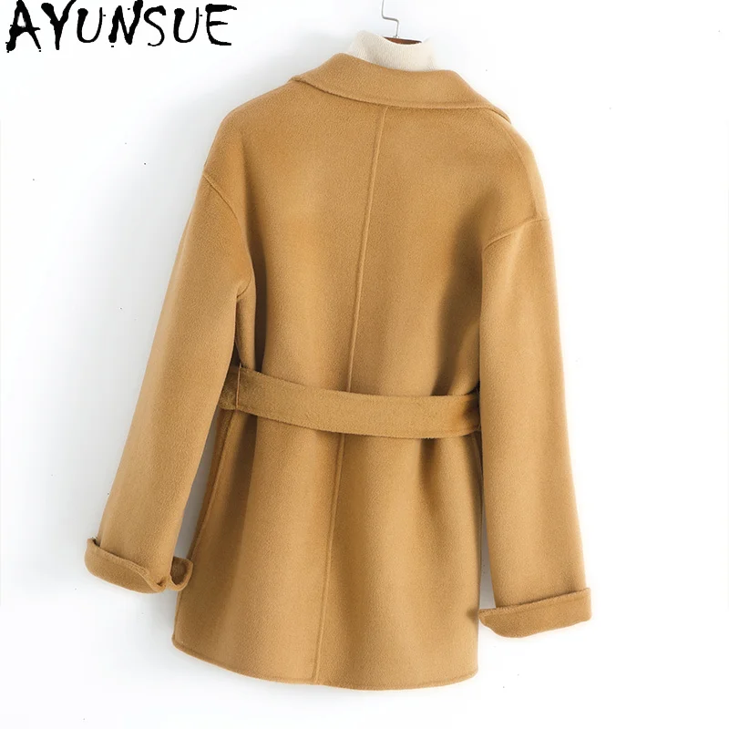 AYUNSUE Autumn and Winter Double-sided Cashmere Coat Women's Suit Collar Slim Suit 100% Pure Wool Short Coat Thick Cardigan