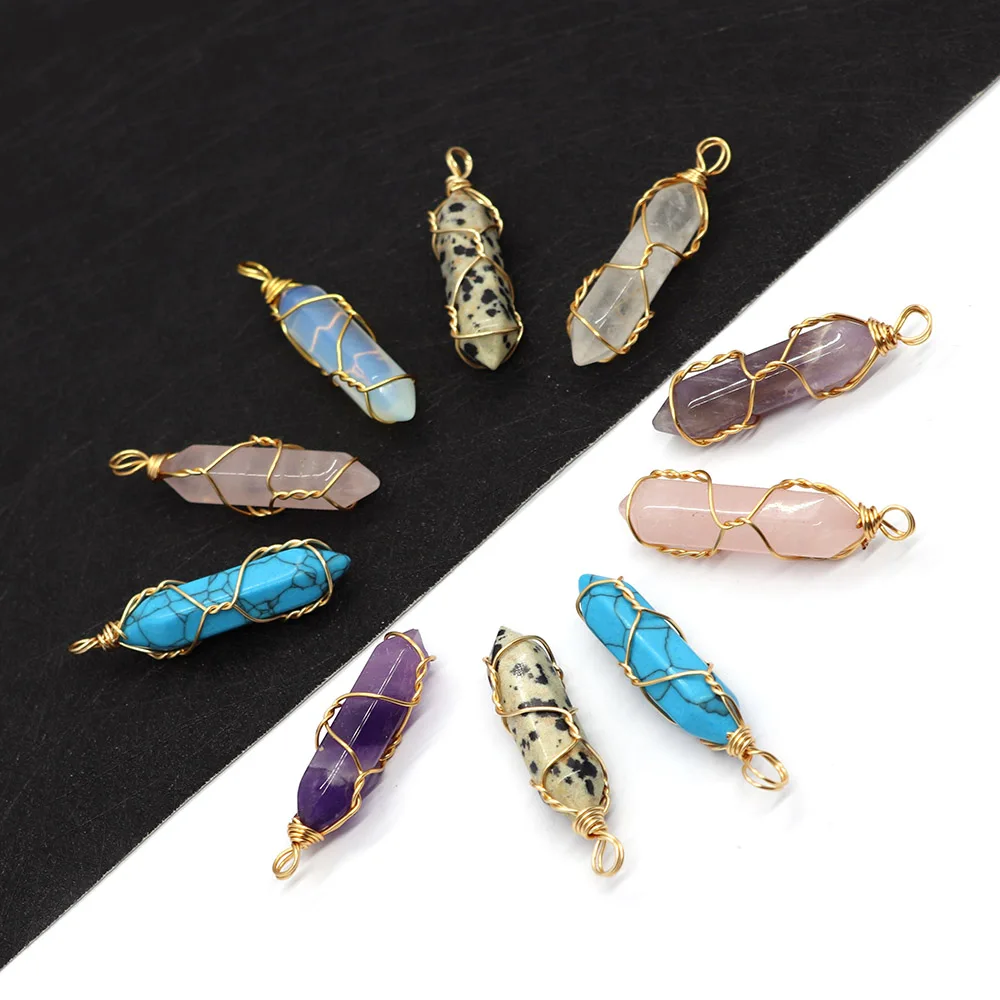 

1PC Hexagonal Natural Stone Crystal Pendant Wire Wrapped Amethyst Bule Turquoise Charms Diy Jewelry Making Necklace Earrings