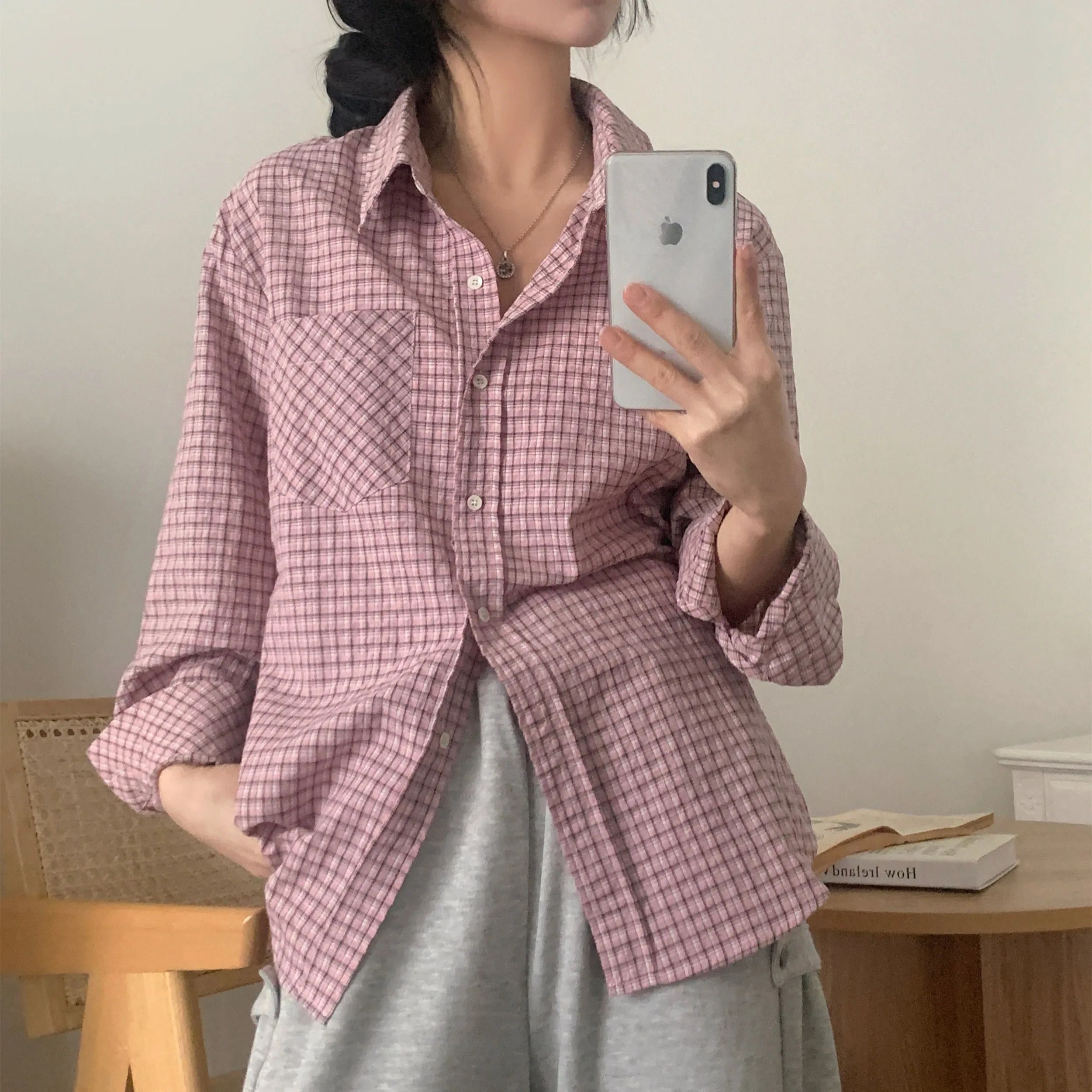 ملابس كورية Sle بزر واحد منقوشة طويلة Sve للسيدات irt عادية رقيقة لموسم الخريف ملابس فاخرة للسيدات