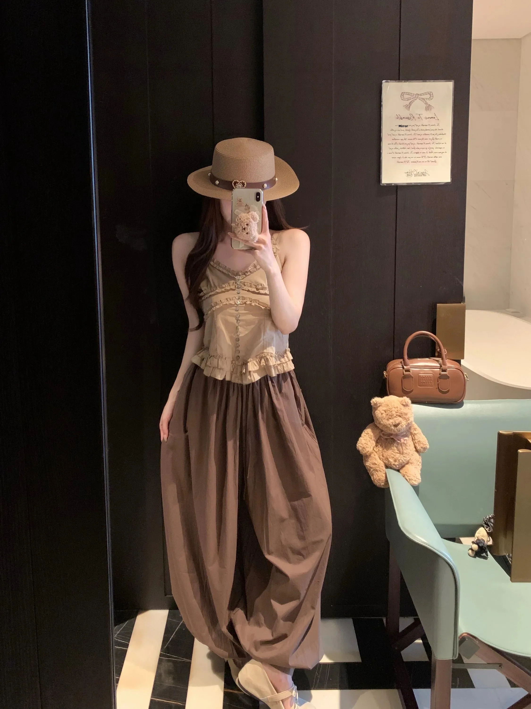 

Retro Kumikumi Set with Drawstring Wooden Collar Women's Summer Casual Pants Two-Piece Set Short Sleeve V-Neck Tank Top