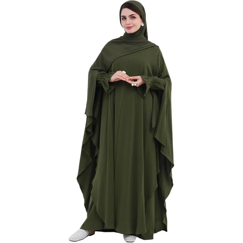 

2PCS Women's Muslim Abaya Dress Lace Cuffs Islamic Dubai Prayer Robe Smooth Flowy Muslim Women Clothes