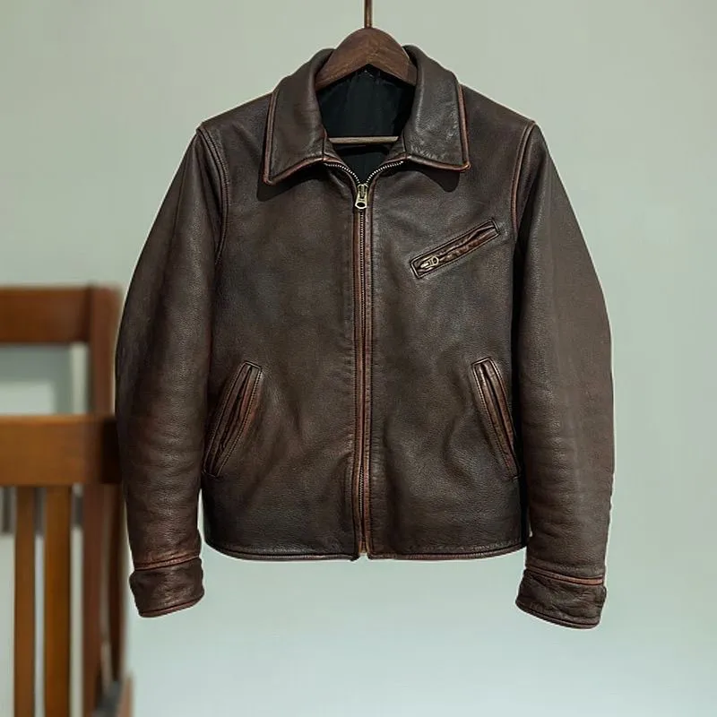 Men's Full-Grain Leather Cropped Jacket 1930s Vintage Trend Washed & Wiped-Dyed Distressed Fashion Genuine Leather Coat oversize