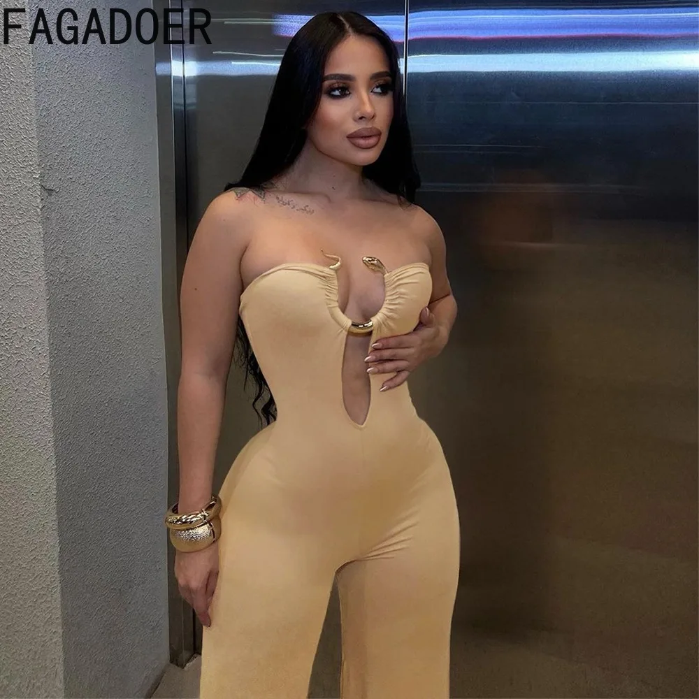 FAGADOER Apricot Elegant Lady Hollow Sleeveless Straight Jumpsuits Women Off Shoulder Backless Playsuit Female One Piece Overall