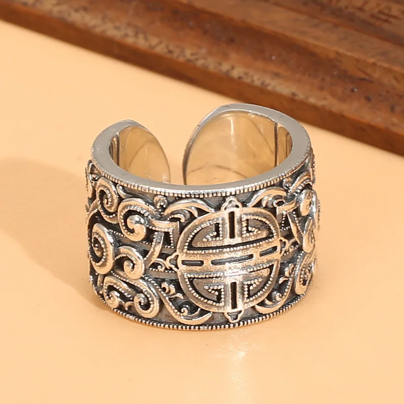 Mongolian longevity pattern open ring old silver personality fashion ring famous ethnic style men 925 vintage Thai silver