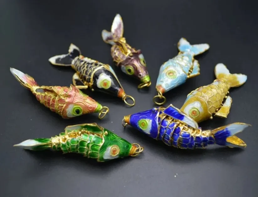 5pcs Wiggle Like Real Fish Chinese Cloisonne Mixed Colors About 45mm White Blue Green Carp Fish Necklace Pendants