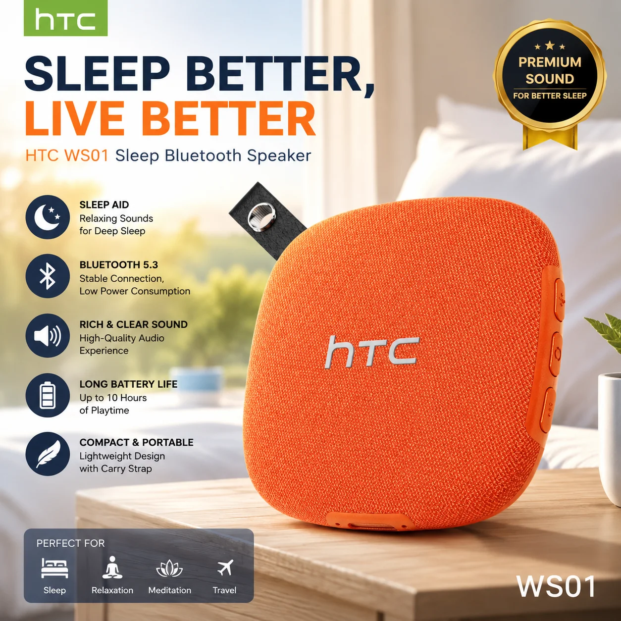 HTC WS01 Haut-parleur Bluetooth sans fil pour le sommeil, mini machine à bruit blanc, aide au sommeil, audio stéréo HiFi portable pour chambre à coucher