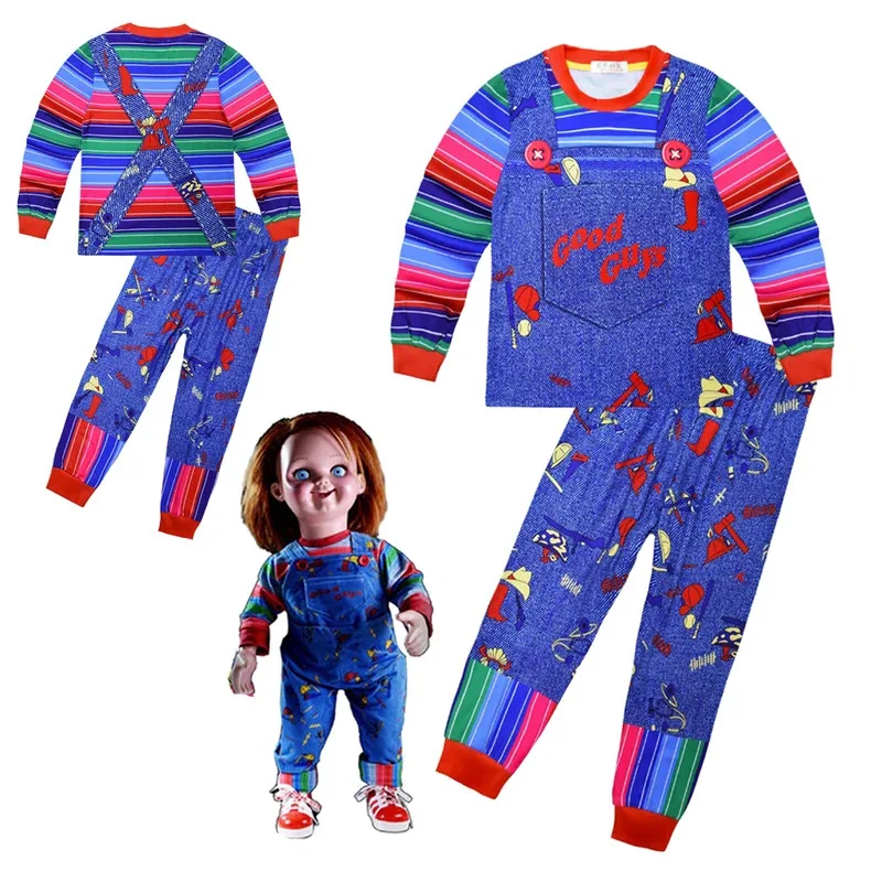 

qq28LQ костюм на Хэллоуин, детская одежда Чаки для мальчиков и девочек, футболка, брюки, пижамы для косплея, карнавальная вечеринка