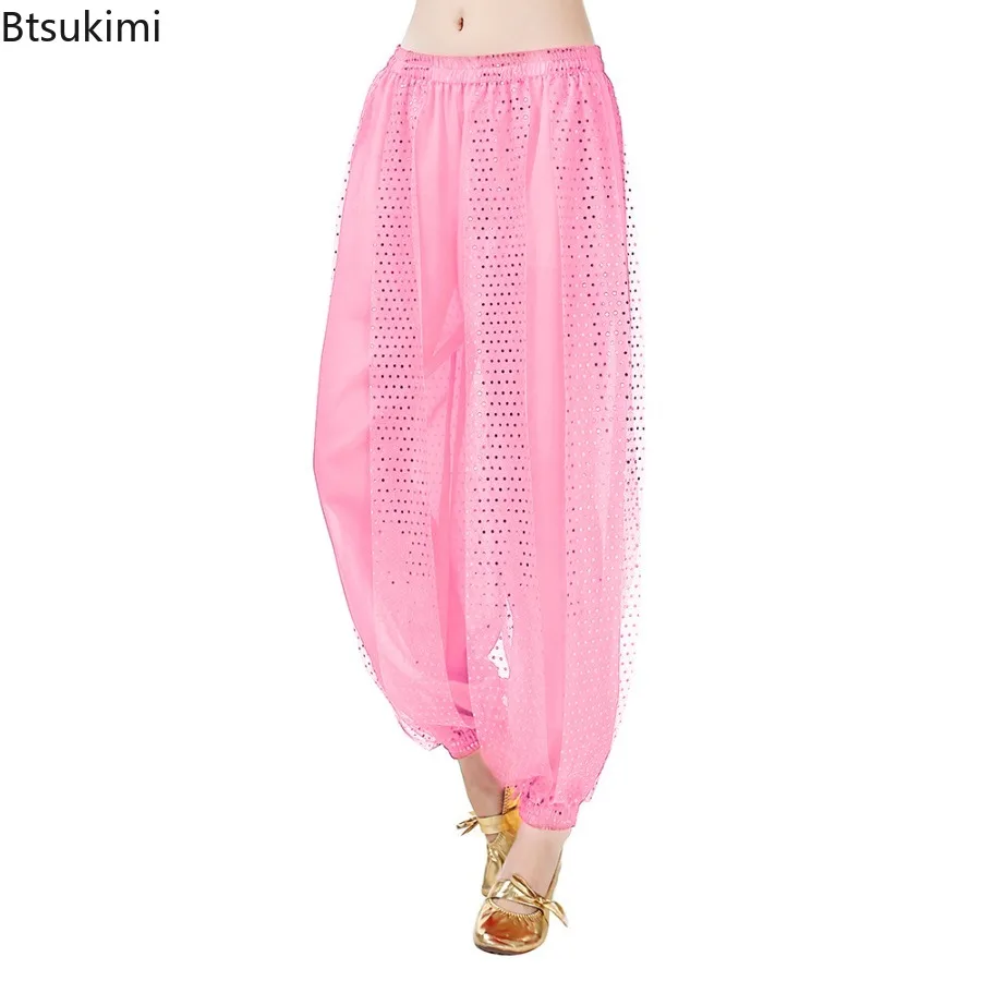 2025 New Indian Dance Pants Sequined Lantern Trousers Belly Dance Stage Performance Pants Fashionable Chiffon Jogger Dance Pants
