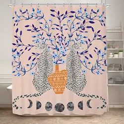 Boho Cheetah Shower Curtain,Tropical Leopard Wildlife Bath Curtain,Modern Pink Aesthetic Moon Phase Blue Floral Bathroom Curtain