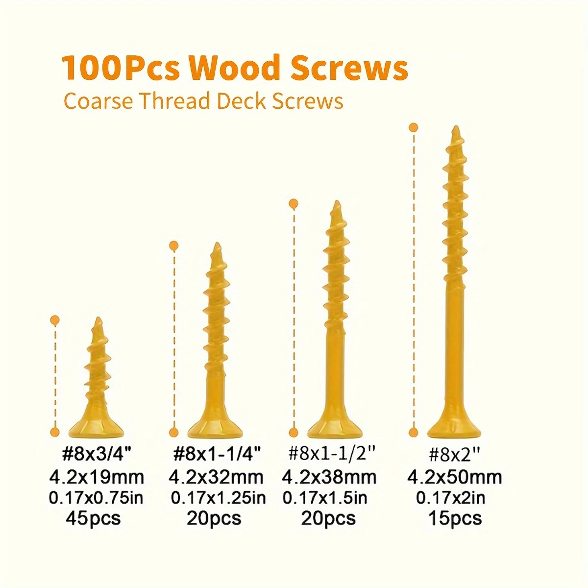100 Pcs #8 Phillips Drive Wood Screws with Cutting Wings And Heat-Treated Finish