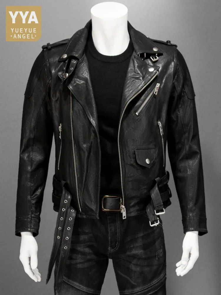 Street Punk Style Genuine Leather Jacket Men Turn-Down Collar Slim Black Short Coat Zipper Mens Sheepskin Motorcycle Jackets