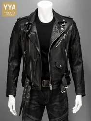 Street Punk Style Genuine Leather Jacket Men Turn-Down Collar Slim Black Short Coat Zipper Mens Sheepskin Motorcycle Jackets