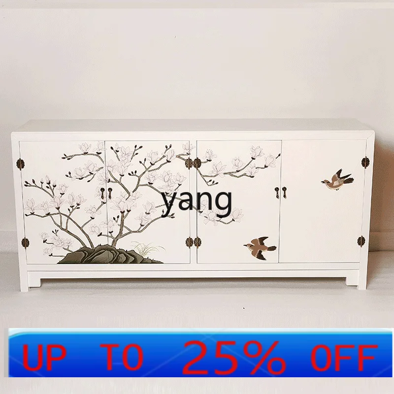 Ltt hand-painted flower and bird white background four-draw cabinet, TV cabinet foyer entrance cabinet