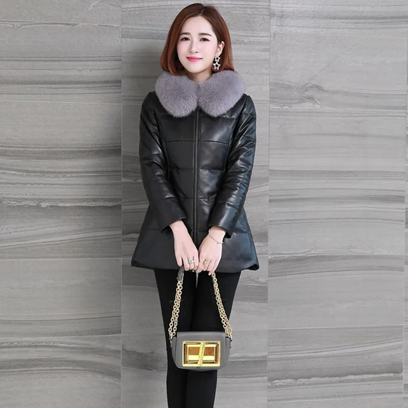 Winter PU Leather Jacket Women's Fashion Fur Collar Zipper Wash Free Faux Leather Padded Coat Female Mid-Aged moMr Outerwear 537