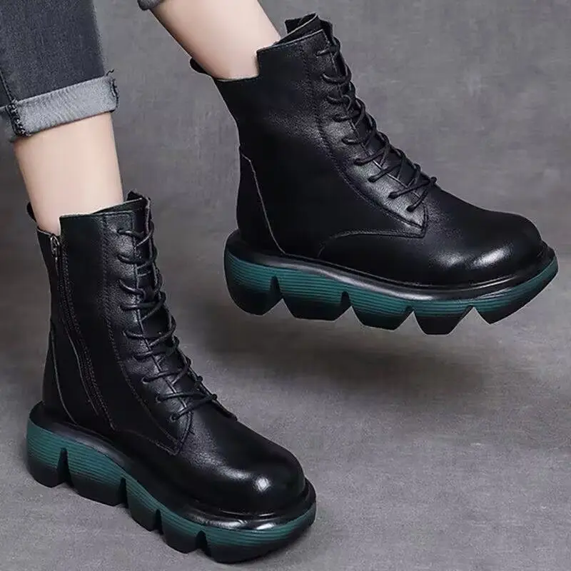 2025 Autumn And Winter Vintage Leather Ankle Boots High Quality Thick Sole Fashion Personality Casual Cotton Shoes With Velvet