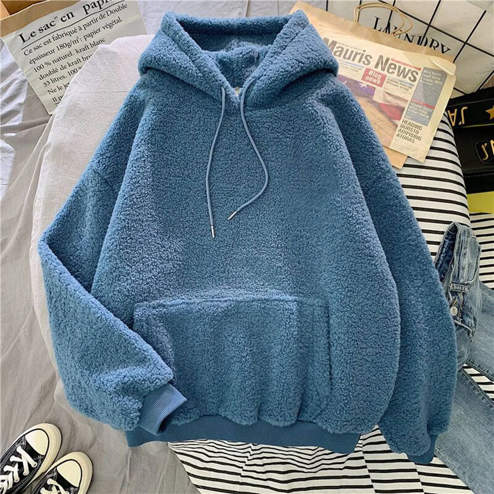 Autumn Winter Women Plush Hoodies Solid Color Oversized Hoodie Pocket Long Sleeve Fluffy Sweatshirt