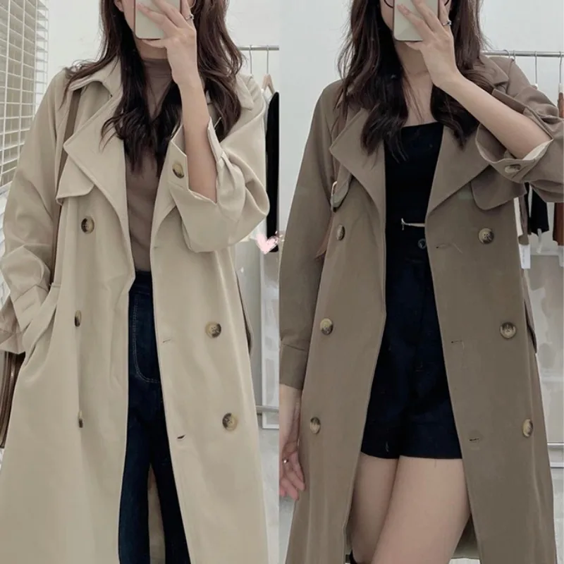 

Korean Classic Khaki Trench Coats Women Notched Collar Belt Slim Waist Windbreaker Fall Overcoat Double Breasted Winter Coat