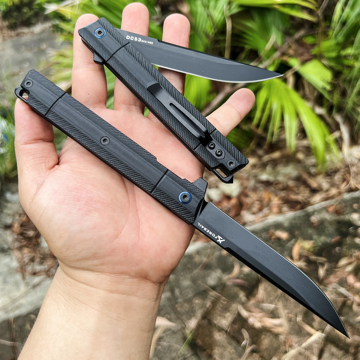 FORESAIL Folding Pocket Knife.Black PVD DC53 steel Blade, G-10 Handle, and is ideal for outdoor camping and everyday carry.