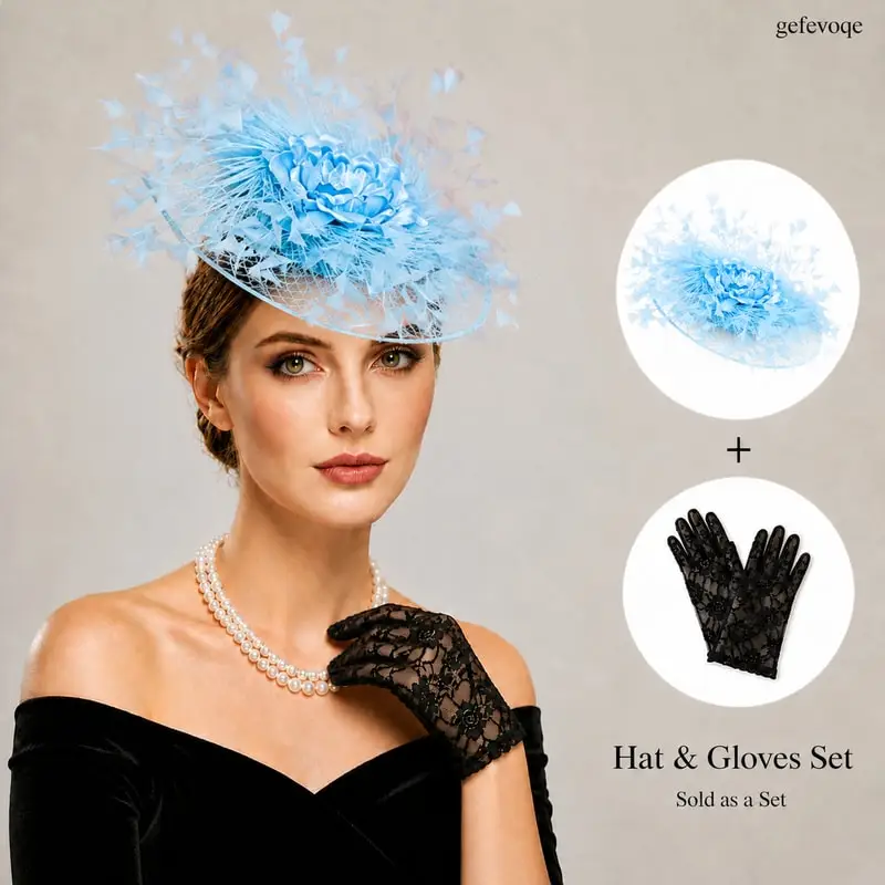 

2Pcs Womens Flower Feather Fascinator Hat Lace Gloves Set for Tea Party