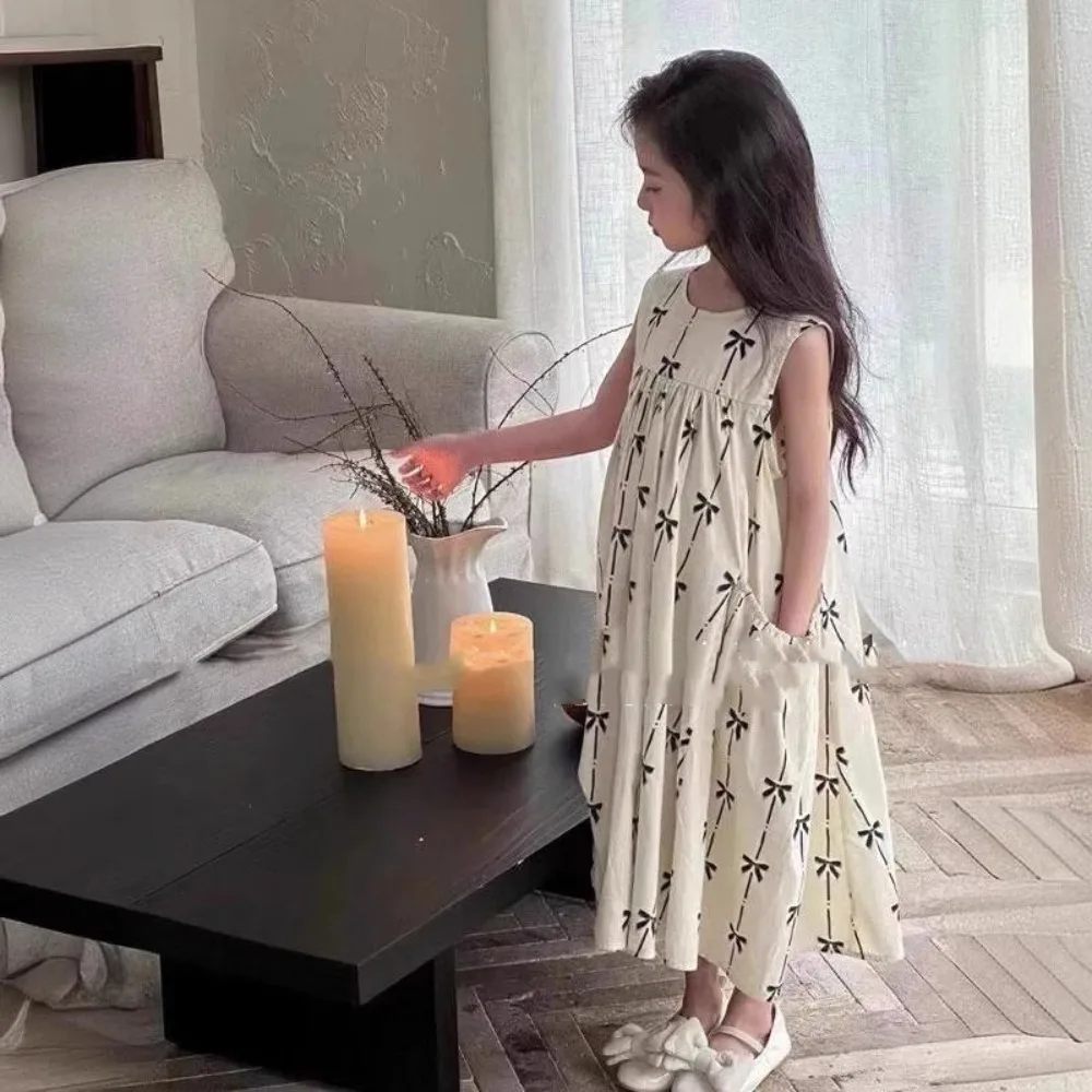 Bear Leader Summer New Sleeveless Tank Top Dress 2-7 Years Old Korean Version Kids Wear Bow Printed Pocket Girls Casual Dresses