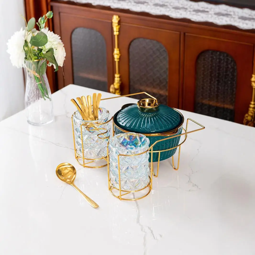 Gold striped ceramic soup pot glass bowl set Cross-border creative ceramic heating iron frame soup