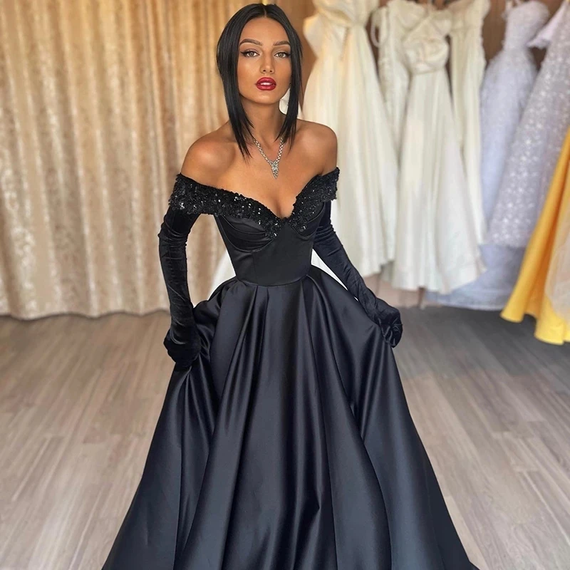 

Angelsbridep Charming Black Satin A-Line Sexy V-Neck Backless Evening Dresses Robes De Soirée Prom Party Gown