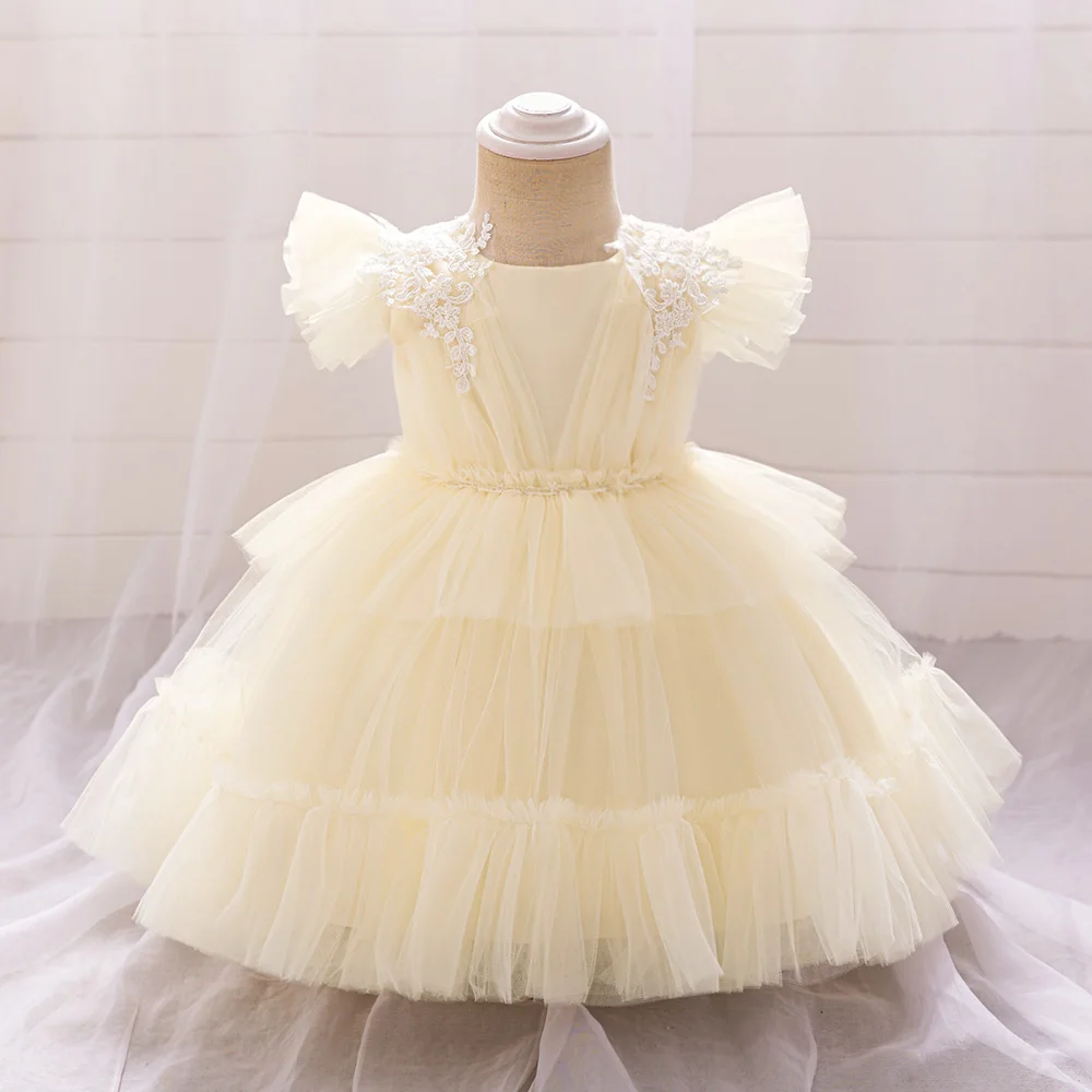 Champagne 1 Year Birthday Dress For Baby Girl Clothes Baptism Voile Princess Dress Short Sleeve Girls Dresses Floral Party Gown