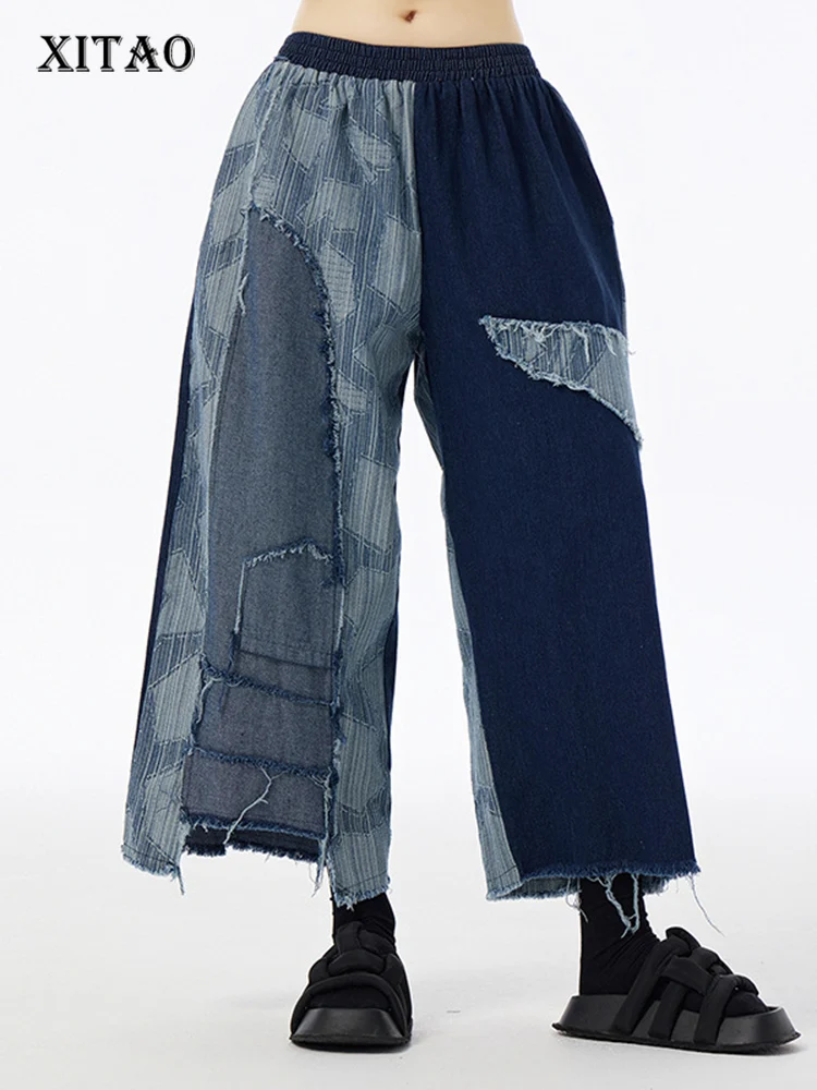 

XITAO Asymmetrical Denim Wide Leg Pants Fashion Personality Contrast Color Splicing Women Pants Autumn All-match New DMJ4162