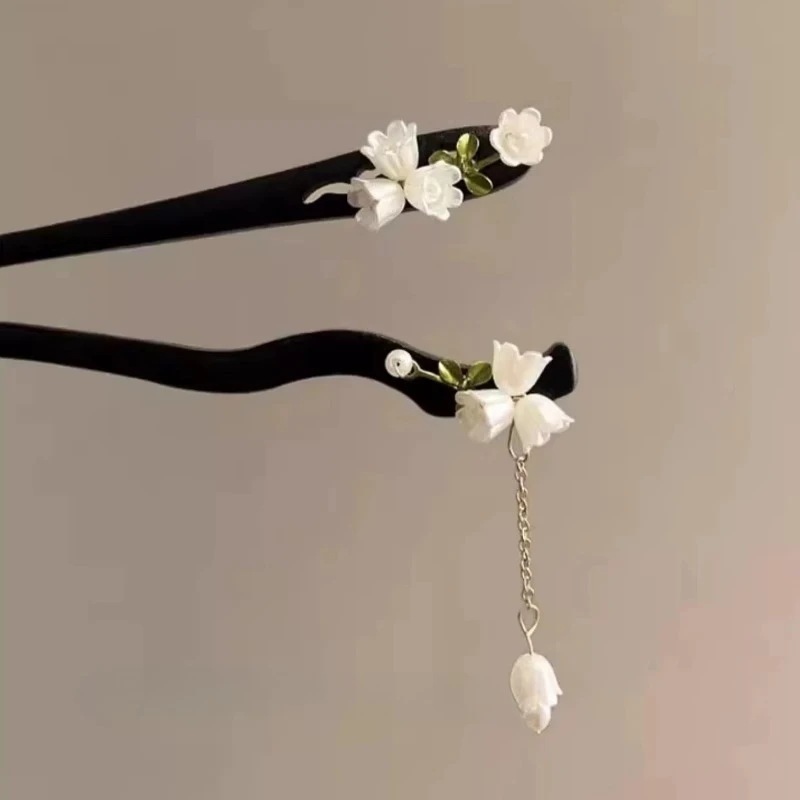 

New Chinese Style Black Sandalwood Hairpin Valley Flower with Dangling Tassel, Perfect for Hanfu, Qipao & Daily Wear
