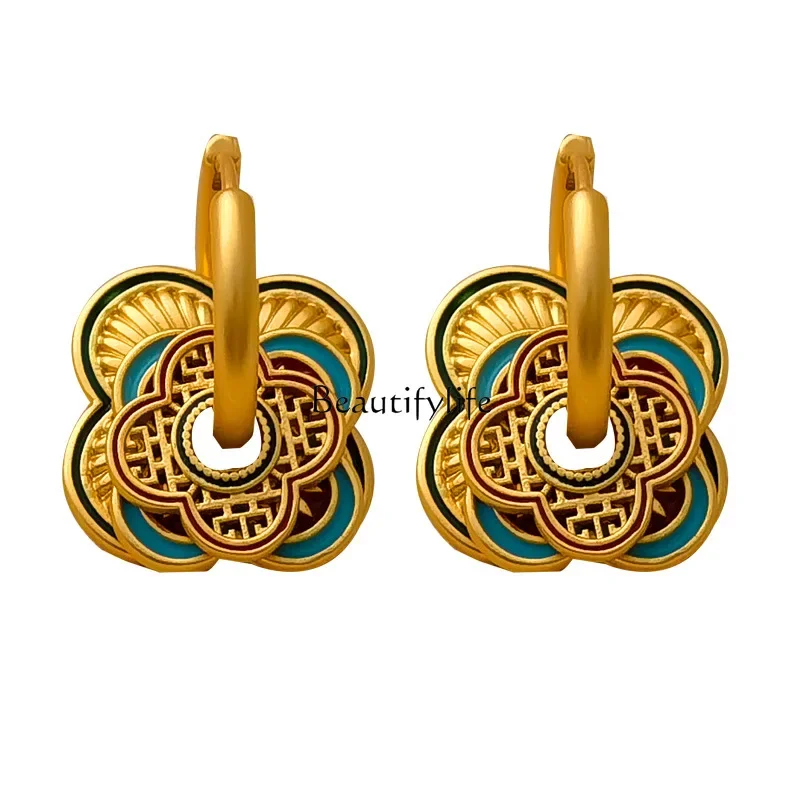 National Fashion Painted Geometric Ear Ring for Women, Temperament Personality, Xiaozhongfu, Ancient Style, Multi-Wear Earrings