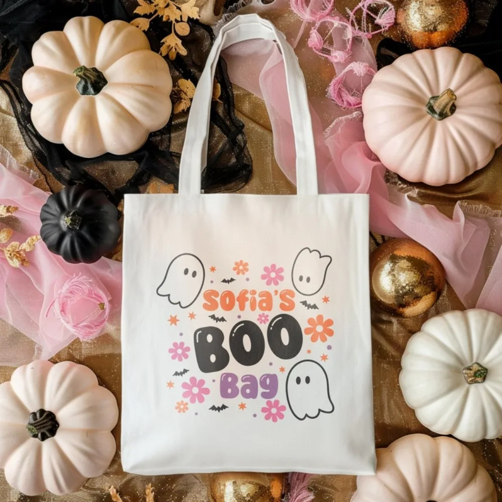 Vintage Halloween Trick or Treat Kawaii Ghost Personalized Name Shopping Bag All Saints' Day Outdoors Boys and Girls Handbag