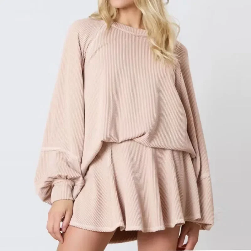 

Women Casual Long Sleeve Solid Loose 2Pc Set Elegant Ribbed Textur Party Skirt Outfits Fashion O-neck Pullover & Mini Skirt Suit