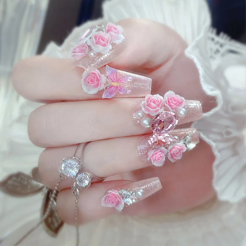 24pcs Gentle False Nails 3D Pink Flower Metal Bowknots Press On Nails Medium-lenghth Wearable Korean Style Fake Nail Tips Art