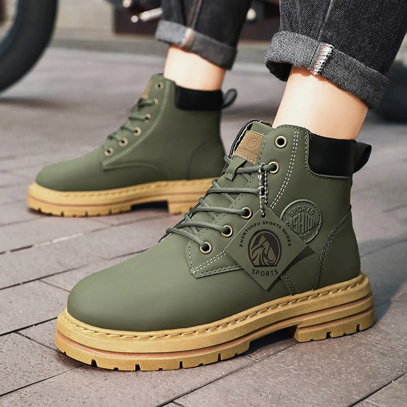 High Top Men Boots Fashion Green Motorcycle Ankle Boots Men Autumn Winter Male Work Boot Street Men's Shoes Lace-Up Botas Hombre