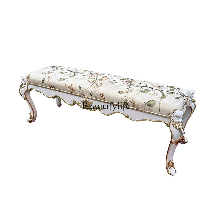 

*French fabric embroidered bedside stool, European solid wood bedroom bed, living room sofa stool