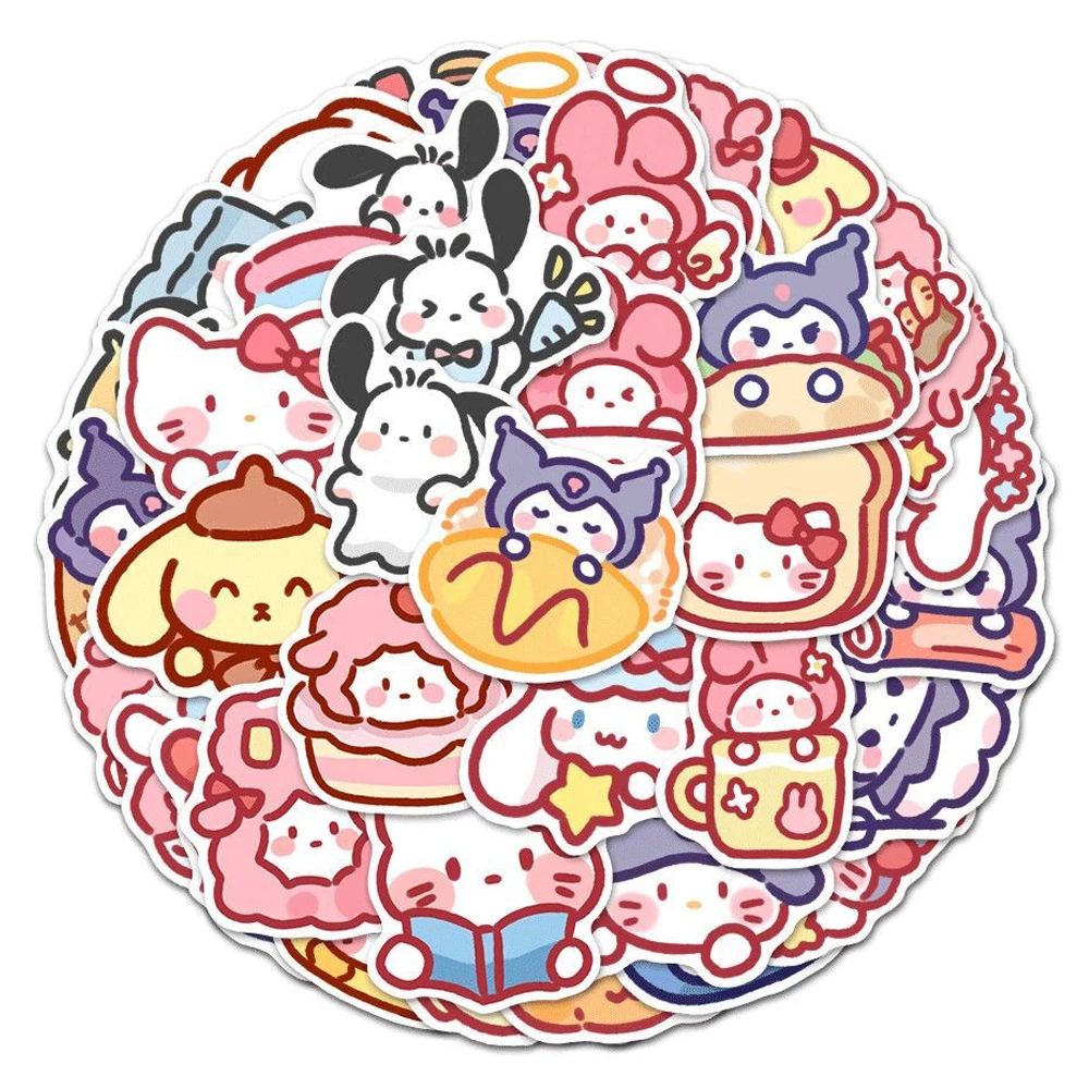 

10/30/50/100pcs Funny Cute Cartoon Sanrio Food Stickers Kawaii Kuromi Pochacco Decals Suitcase Phone Laptop Sticker for Kids Toy