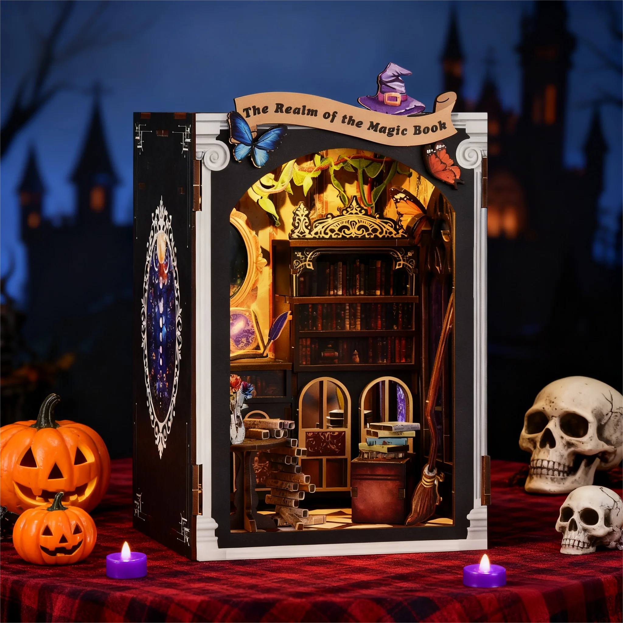 DIY Book Nook مكتبة سحرية خشبية نموذج مصغر أطقم ثلاثية الأبعاد لغز Bookend رف الكتب ديكور هدية لمحبي الكتاب #1