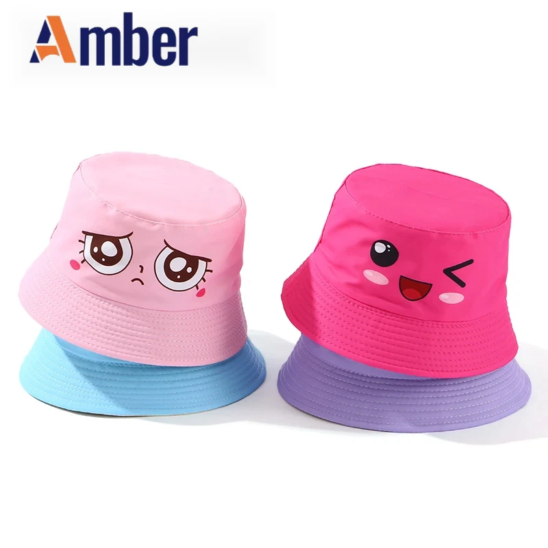 

Amber Cute Face Pattern Bucket Hat Children Fisherman Hats Cartoon Panama Cap Kids Girls Boys Double Sides Reversible Sunscreen