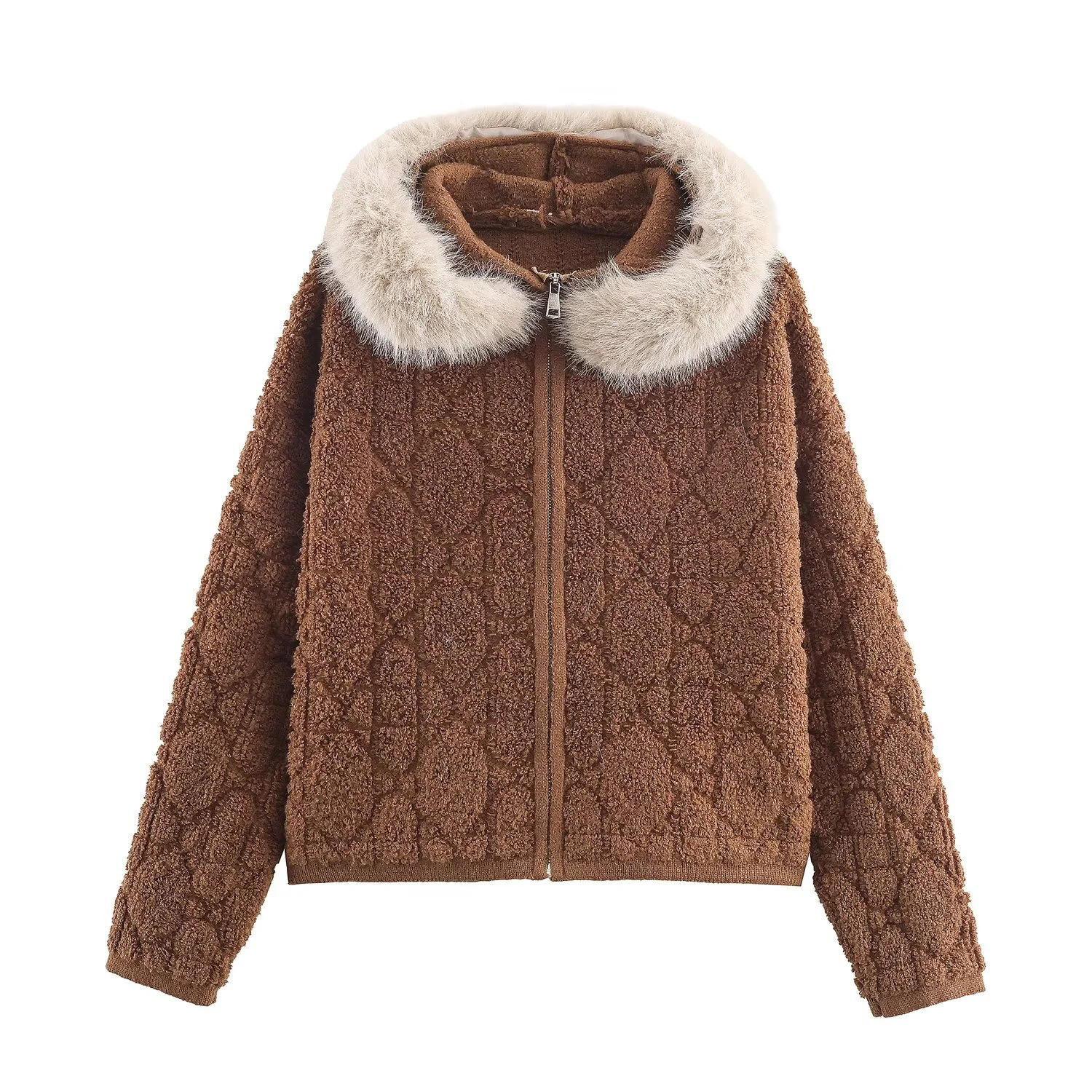 

2025 Winter New Women's Casual Fashion Simple Elegant Soft and Charming Large Fur Collar Hooded Knitted Thick Sweater Coat