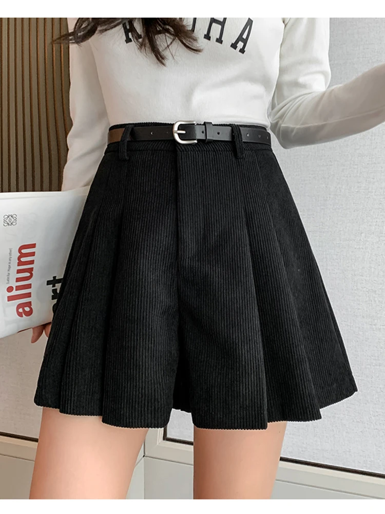 

Осень-зима, мини-вельветовые юбки, шорты, женская уличная одежда, плиссированные шорты с высокой талией, короткие брюки-карго с оборками, женские брюки-кюлоты