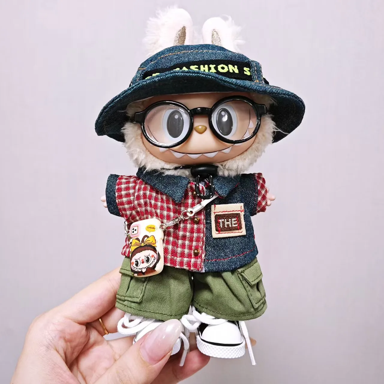 

For Labubu Baby Clothes 15cm17cm Red Checkered Patchwork Denim Hat Set Labubu Doll Clothes