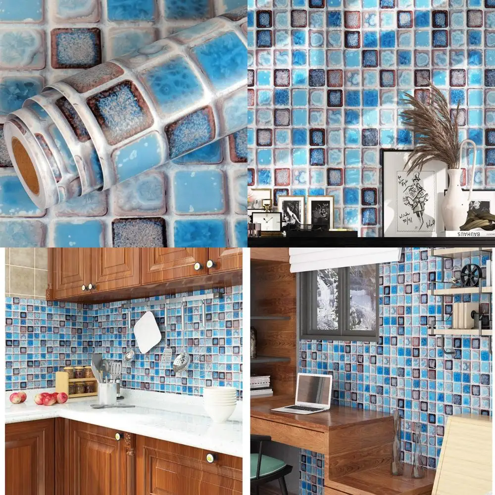 بلاط حائط للحمام قابل للتقشير واللصق باللون الأزرق المقاوم للماء ورق اتصال مزخرف ذاتي اللصق للجدران مقاس 24 × 394 بوصة