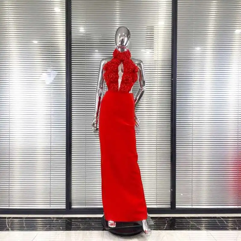 فستان سهرة طويل مثير برقبة رسن من LEOSOXS مزين بالورود ثلاثي الأبعاد فستان ضيق بتصميم أنيق بدون ظهر للمناسبات الرسمية