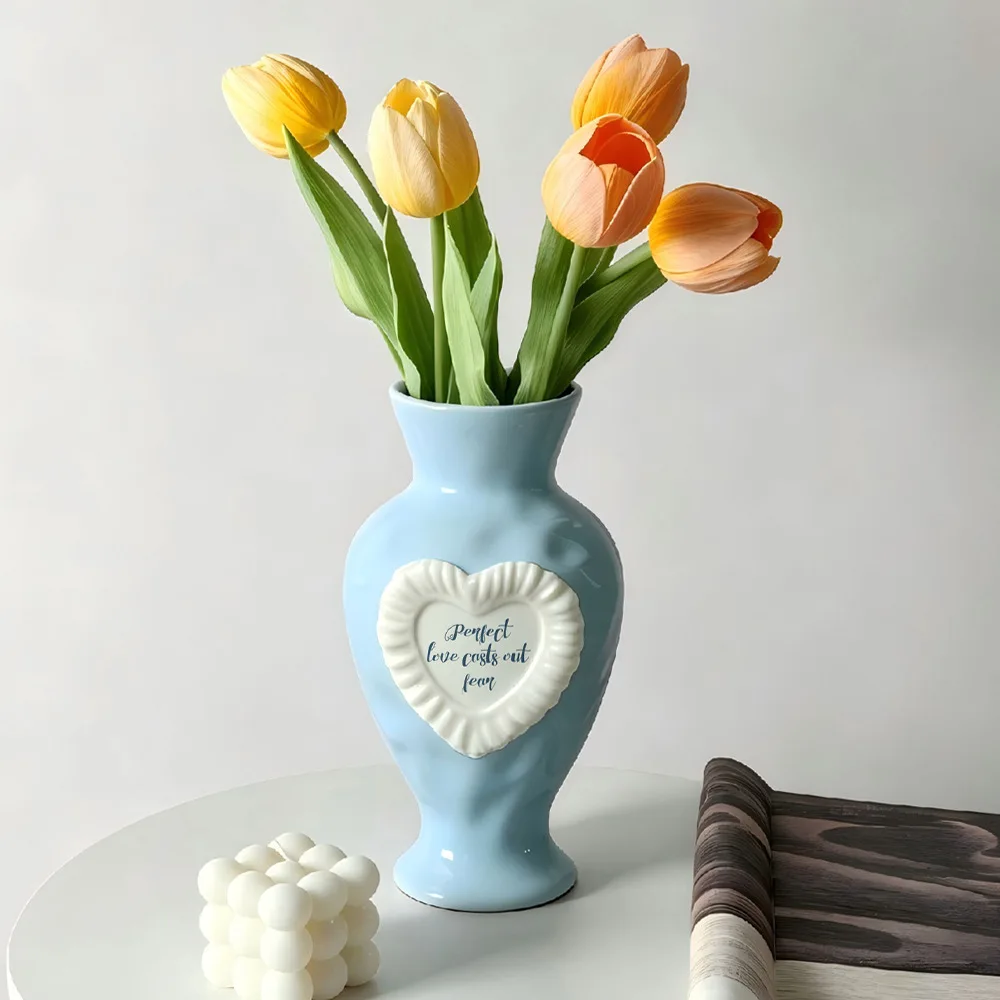 French Heart Embossed Ceramic Vase Light Blue Porcelain Flower Container Home Desktop Living Room Table Decor Ornament