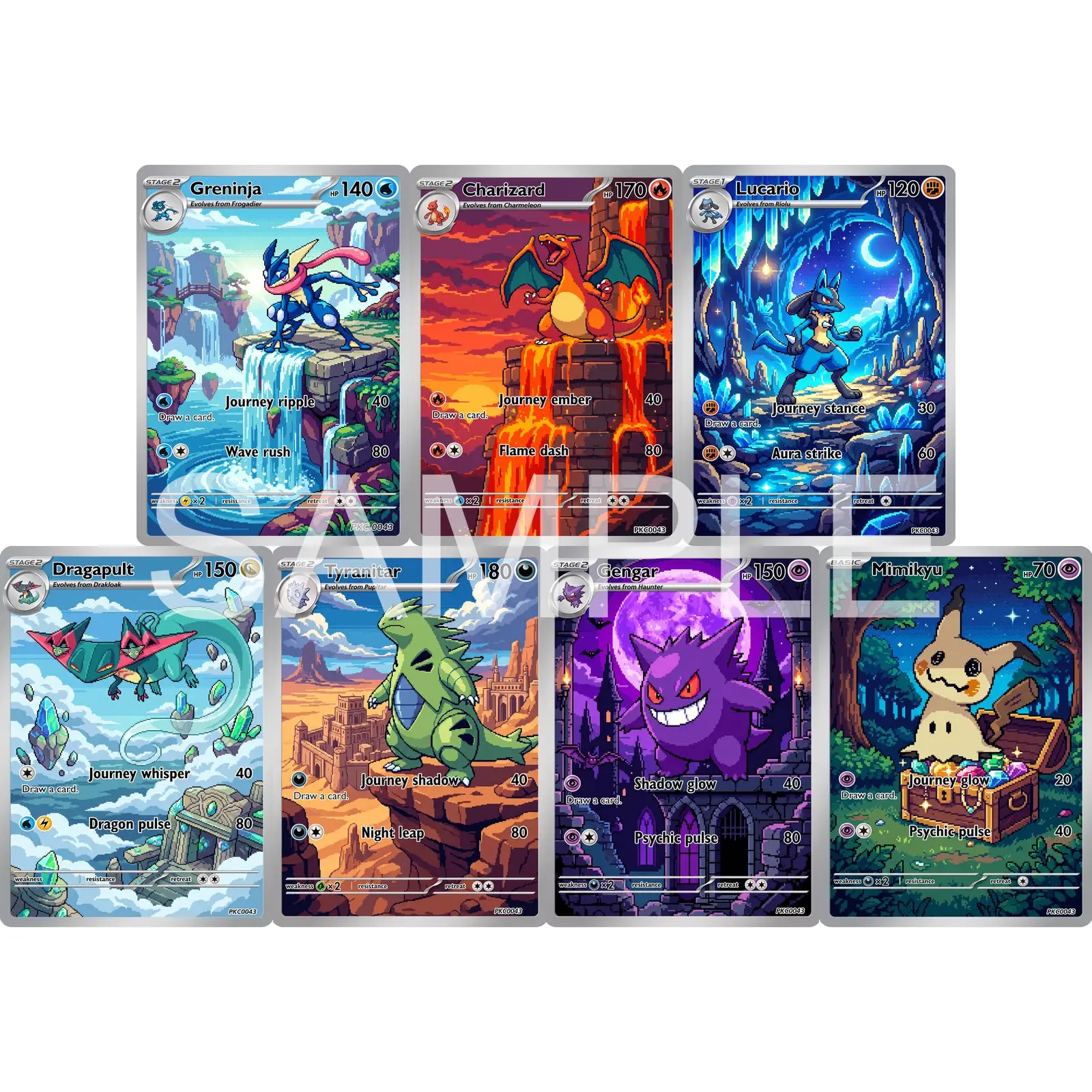 7Pcs PKM Cards PTCG Detailed Pixel Art Style Greninja Charizard Lucario Dragapult Tyranitar Gengar Mimikyu Art Set Cards PTCG