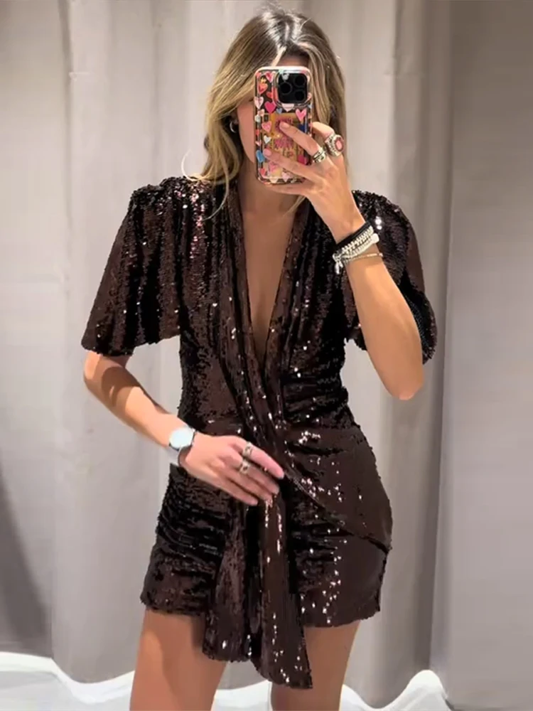 Sexy Sequins Short Dress Women V-Neck Short Sleeve Ruched Ribbon Bodyron Party Dresses 2026 Spring Street Chic Lady Vestidos