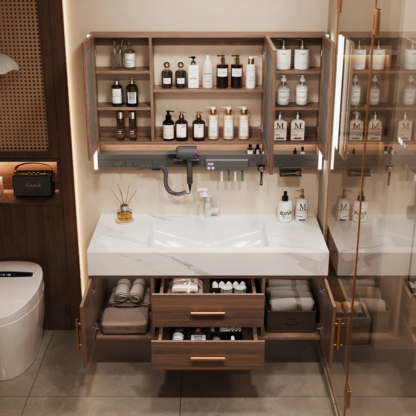Medieval hotel wind bathroom cabinet combination rock slab ceramic integrated seamless basin toilet washstand